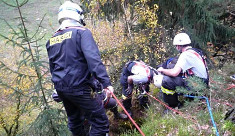 Vlčák zapadl do průrvy. Hasiči ho zachraňovali šest hodin. Foto: HZSLK
