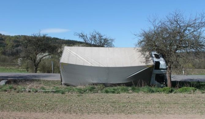 Nákladní auto zastavil řidič až o strom u silnice. Foto: Policie ČR
