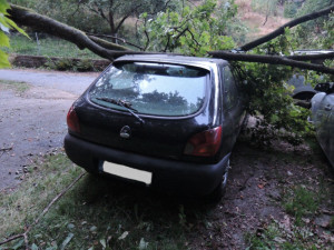 Kmen stromu zdemoloval čtyři auta v Rochlici. Foto: HZSLK