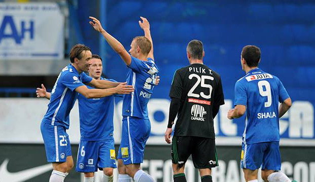 Hráči Slovanu po vítezném gólu Pokorného. Foto: fcslovanliberec.cz