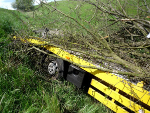 Odtahovka skončila mimo silnici, řidič autem pokácel suchý strom
