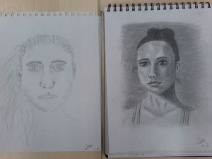 Srovnávací fotografie z kurzů realistické kresby - vlevo na začátku, vpravo po kurzu.