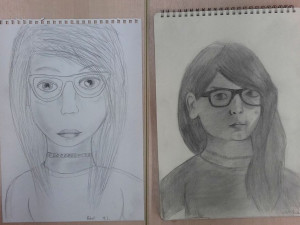 Srovnávací fotografie z kurzů realistické kresby - vlevo na začátku, vpravo po kurzu.