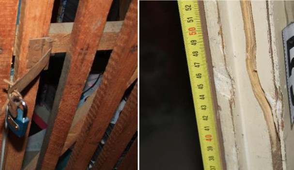 Poškozené dveře, které zůstali za partičkou zlodějů.