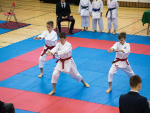 Stříbrný kata tým starších žáků na Ústeckém regionálním poháru, zleva Marek Frinta, David Vedral, Filip Flajšinger