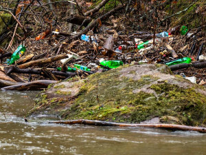 Řeka Kamenice zaplněná plasty