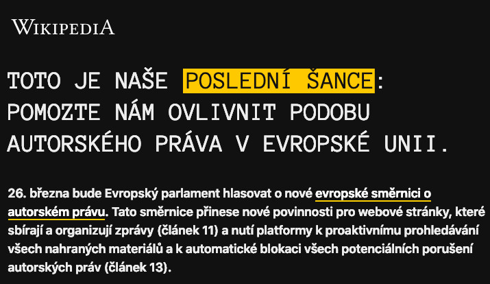 Na protest proti změně autorského práva je vypnuta Wikipedie.
