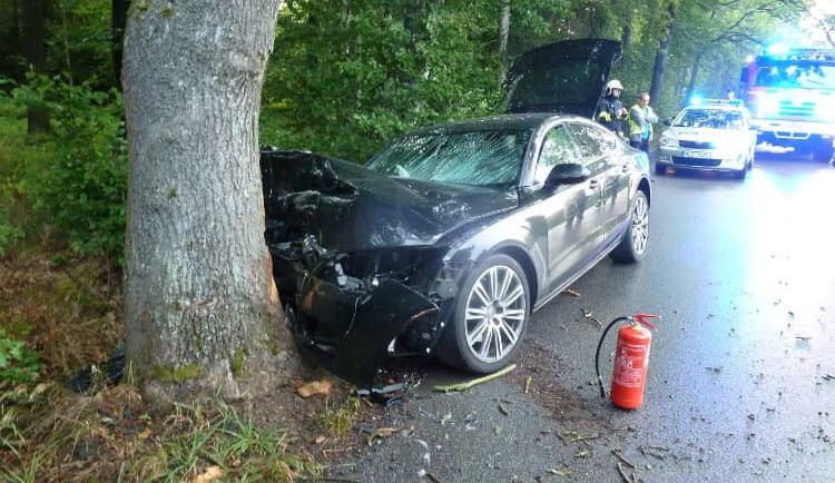 Auto po nárazu do stromu.