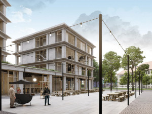 Pohled od budovy bývalé automobilky RAF na piazzetu.