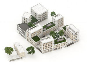 Prostorové promítnutí hmoty navržených budov do roviny