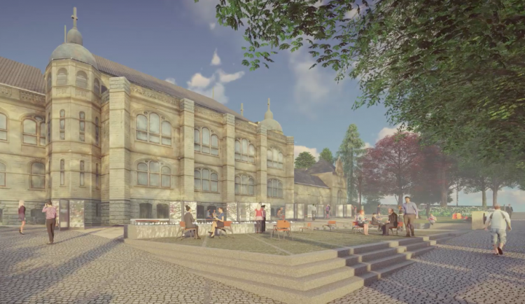 Chystaná podoba parku u muzea.