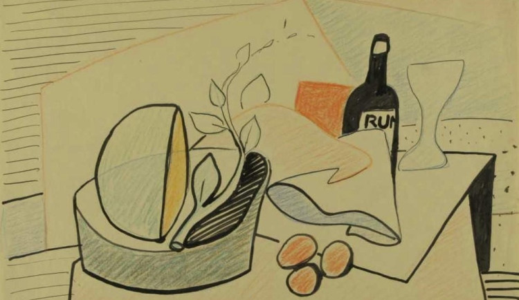 Láhev rumu se sklenkou a snítkou je Dílem měsíce v Oblastní galerii