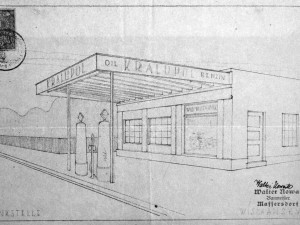 Zaniklá čerpací stanice Kralupol kioskového typu, provozovaná Willy Wischanským v Rochlici. SOkA Liberec