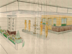 Variantní barevná skica čerpací stanice v Jablonecké ulici. SOkA Liberec.