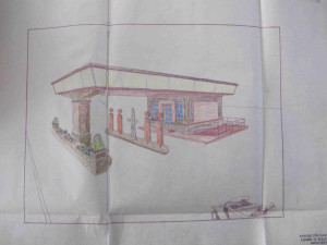 Barevná skica čerpací stanice v Jablonecké ulici. SOkA Liberec.