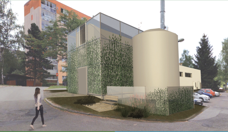 Podoba nové kotelny s kogenerační jednotkou a nádrží.