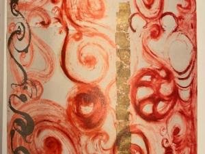 Margita Titlová-Ylovsky - Stéla VI., 1988, plátkové zlato, hlína, rtěnka, papír, 370 x 210 cm