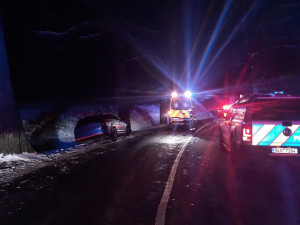 Řidič u Mníšku předjížděl, kde neměl a manévr na mokré silnici nezvládl. Narazil do stromu a zranil spolujezdce