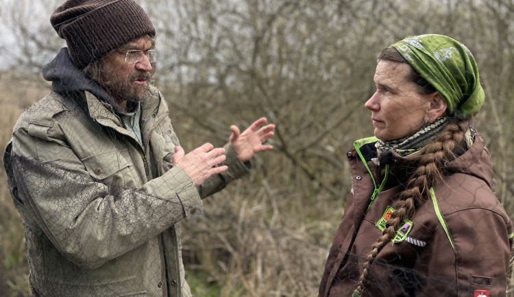 Dan Bárta a ornitoložka Markéta Ticháčková za sítí pro odchyt ptáků