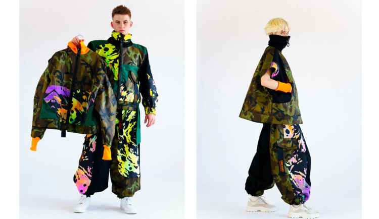 UNICAMO je kolekce oblečení pro mladé a jeho autorka Kateřina Klozová se inspirovala vojenskou uniformou a maskáčovým vzorem vz.95. Látka při zahřátí mění barvu.