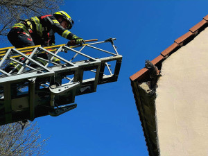 Hrádečtí hasiči zachraňovali poštolku lapenou v jutovině na kraji střechy