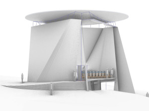 Střecha je zatím uvažována jako dolů vyklenutý disk vznášející se nad stěnami kostela a umožňující bazilikální osvětlení jeho hlavního prostoru ze všech směrů. Vizualizace: Jiří Suchomel