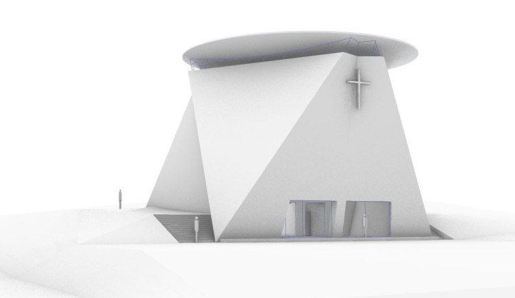 Zasazení kostela do terénního zlomu umožňuje částečně prosvětlit i jeho podzemní podlaží. Vizualizace: Jiří Suchomel