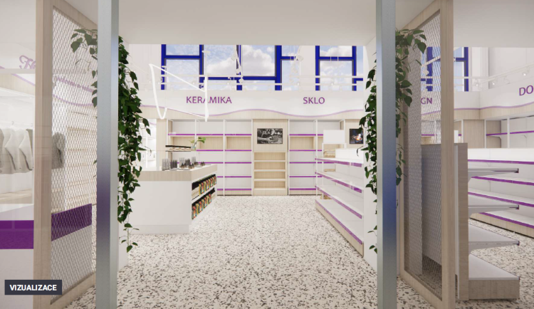Vizualizace budoucí prodejny potravin a dalších produktů.