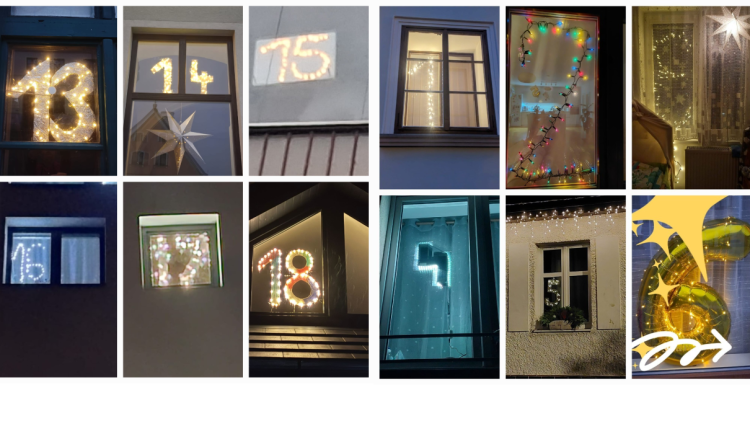 Koláž z rozsvícených oken Českého Dubu.