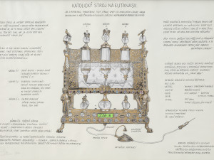Jiří Černický, Katolický stroj na eutanazii, 2020, 111 x 121 cm, tuš a zlatá barva na papíře
