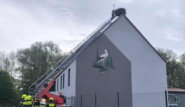 Čápi ve Višňové si do hnízda přinesli plastovou síť, odstraňovali ji na doporučení ornitologů hasiči