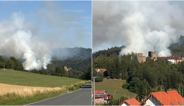 Požár zasáhl les pod hradem Velhartice, zasahují desítky hasičů i vrtulník
