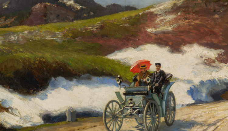 Na tomto obraze od Hugo Charlemonta je znázorněn Liebieg se svou ženou a autem Benz Victoria. V pozadí Ještěd. 