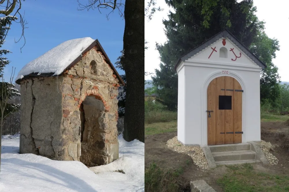 Kaple před a po rekonstrukci. Foto: NPÚ Liberec