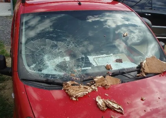 Pekáčem buchet rozbil čelní sklo auta. Foto: Policie ČR