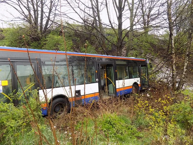 Autobus projel křižovatkou na Františkově a zastavil se až v příkopu