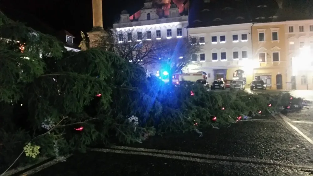 Silný vítr vyvrátil vánoční strom na náměstí v České Lípě