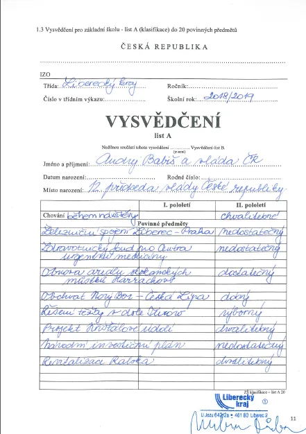 Vysvědčení vytvořené Libereckým krajem.
