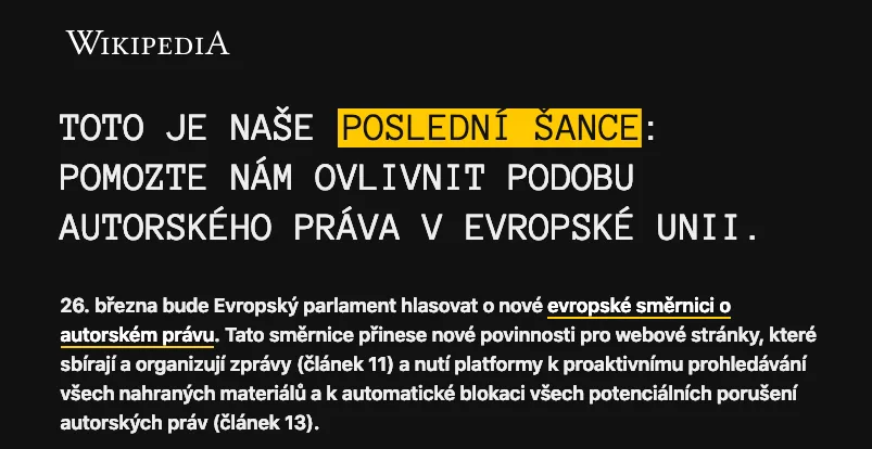 Na protest proti změně autorského práva je vypnuta Wikipedie.