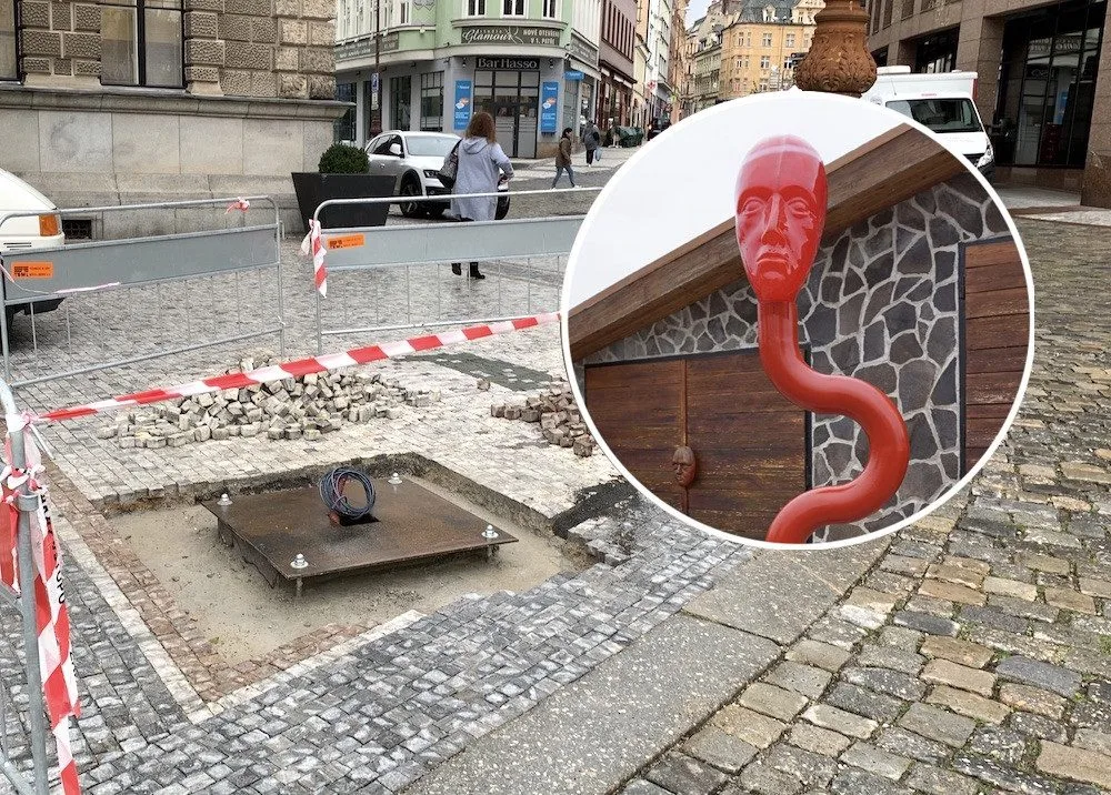 Nové umělecké dílo u radnice. Trabant odjel, nahradí ho Pan Červený