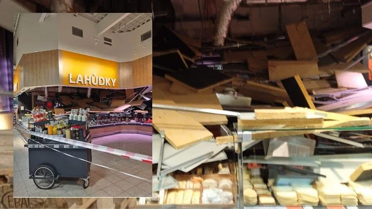 Zřícený strop v libereckém Kauflandu.