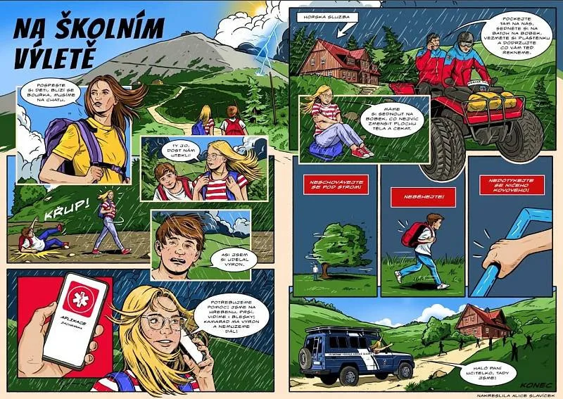 Komiks ukazuje, jak se chovat při bouřce.