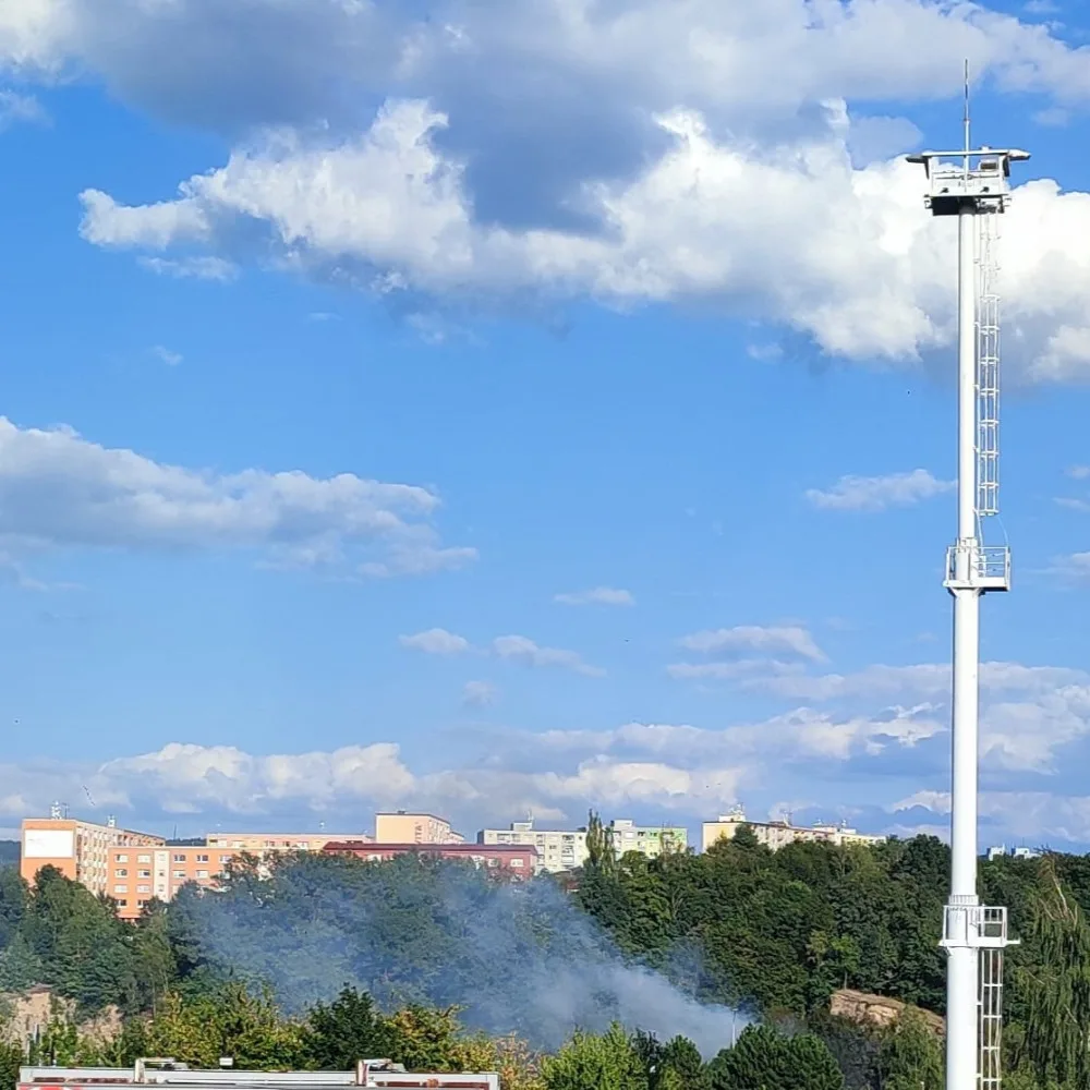 Mezi Kauflandem a Home Credit arénou hořel v lesíku odpad. Hasiči požár lokalizovali během půl hodiny