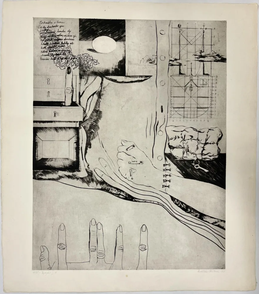 Naděžda Plíšková - Triptych (levá strana), 1967, suchá jehla, papír, 68 x 52 cm