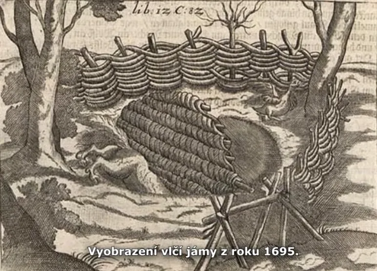 Historické vypodobnění vlčí jámy.