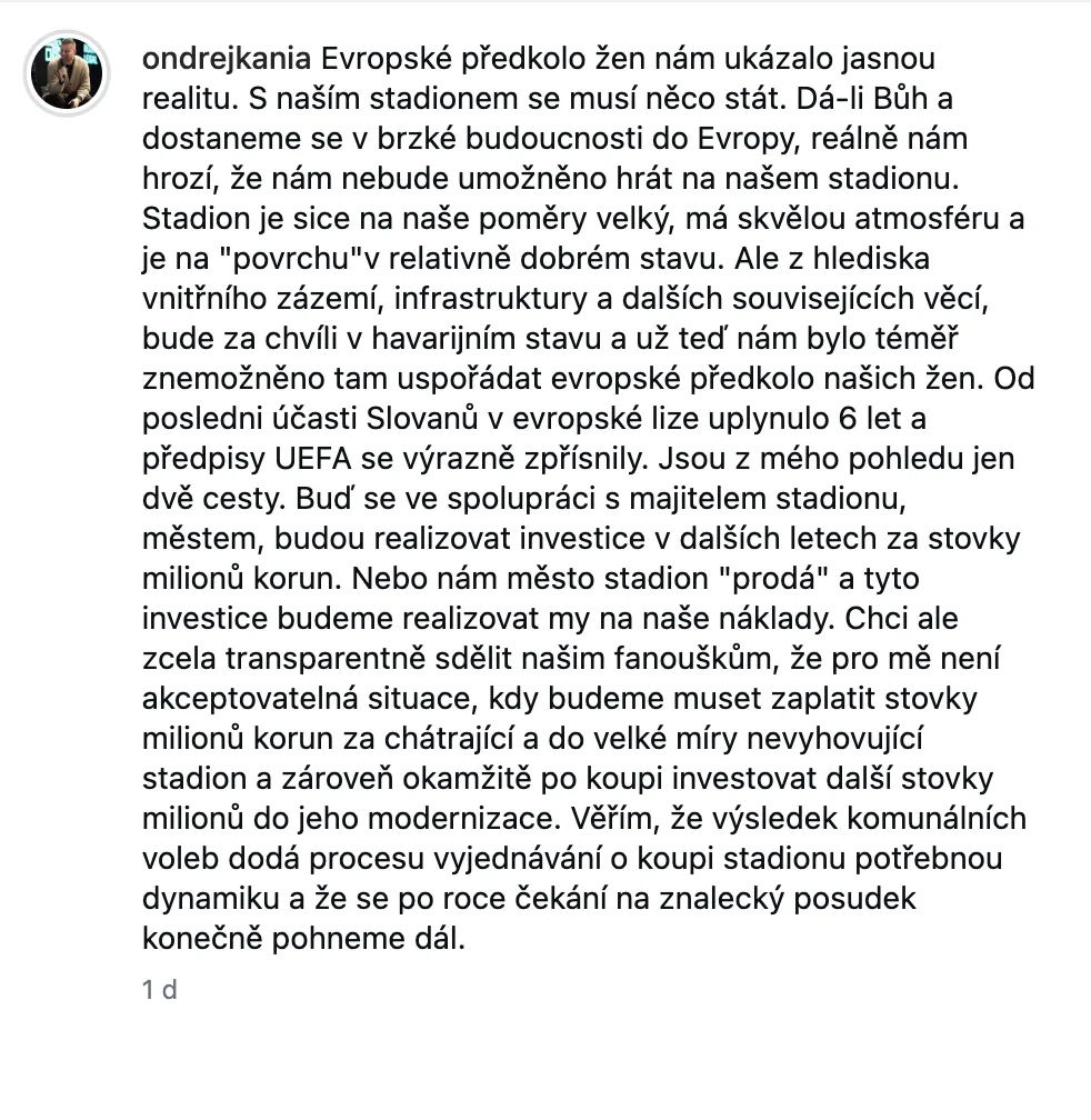 Majitel Slovanu Ondřej Kania situaci se stadionem okomentoval na Instagramu.