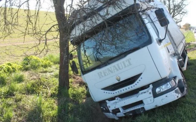 Nákladní auto zastavil řidič až o strom u silnice. Foto: Policie ČR