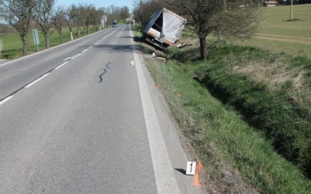 Nákladní auto zastavil řidič až o strom u silnice. Foto: Policie ČR