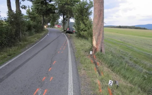 Na stejném úseku havarovali dva řidiči, každý do jiného stromu. Foto: Policie ČR