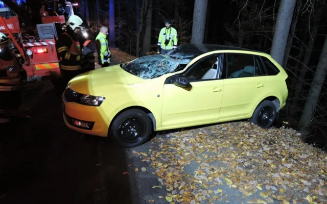 Těžká technika musela večer vyprošťovat auto z lesa. Řidič skončil v nemocnici